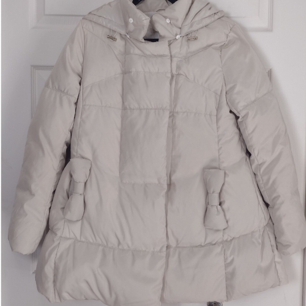 Momo Maternity Cream Off White Down Filled Bow Pocket Hooded Puffer Jacket